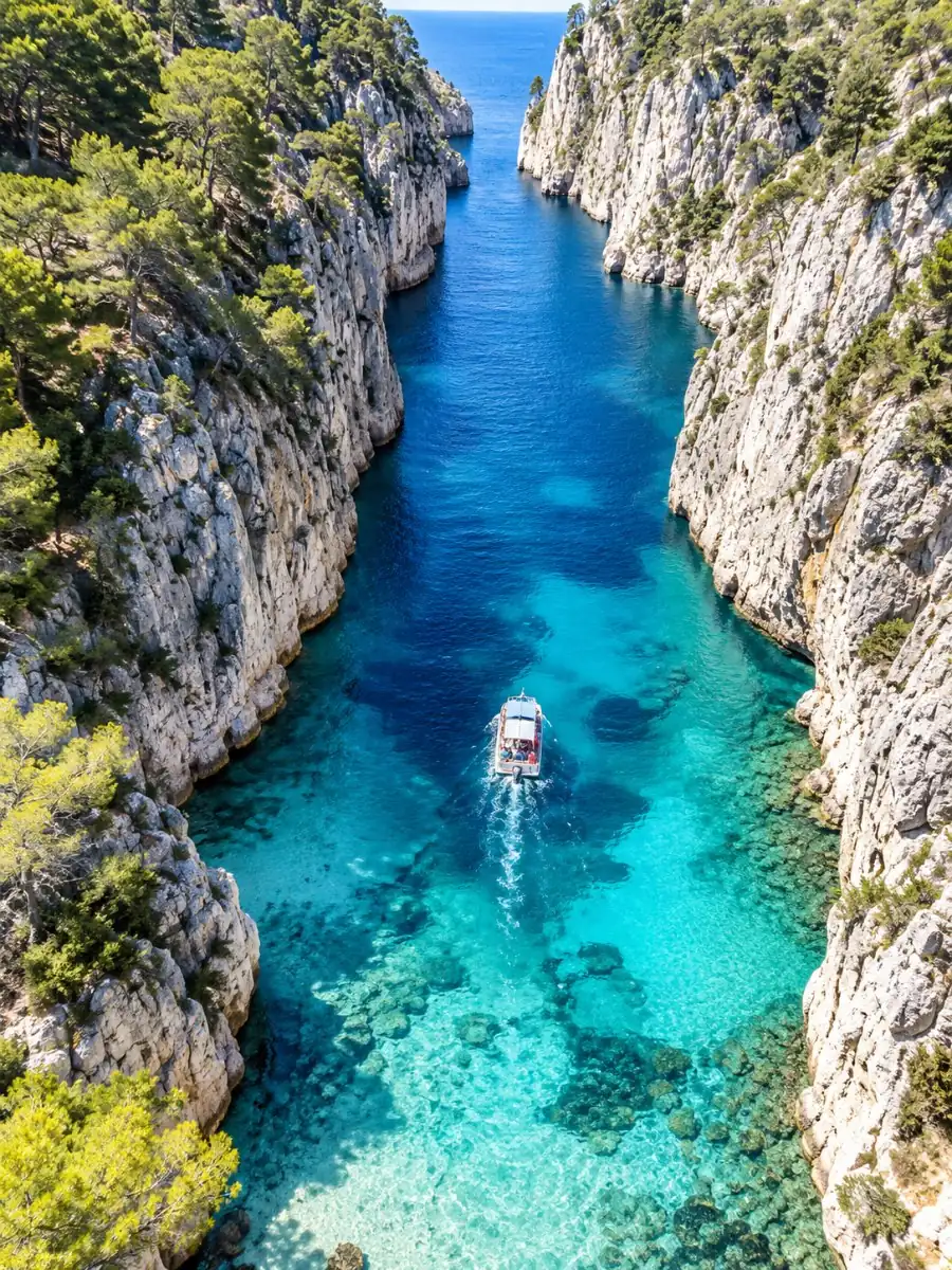 Ein Ausflugsboot von oben in einer schmalen Calanque zwischen weißen Kalksteinwänden