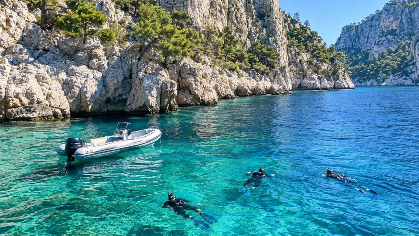 Schnorcheler über Seegras in klarem türkisfarbenem Wasser unter einer Kalksteinklippe